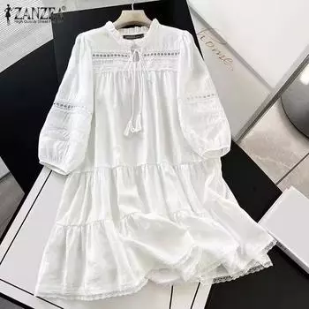 ZANZEA Женские винтажные кружевные платья А-силуэта с ажурным узором и рукавом 3/4 S белый