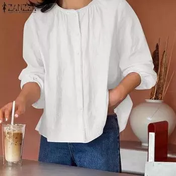 ZANZEA Женские винтажные кружевные рубашки с круглым вырезом и длинным рукавом S белый