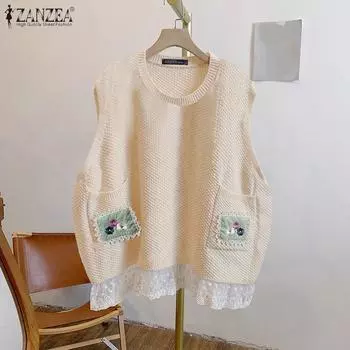 ZANZEA Женские винтажные кружевные жилеты без рукавов с круглым вырезом и принтом S бежевый