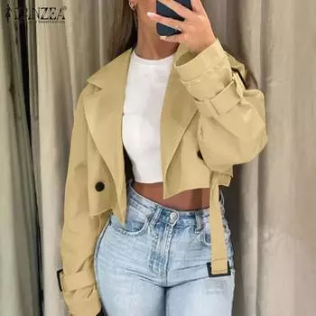ZANZEA Женские винтажные ленточные куртки с длинным рукавом, однотонные, короткие S зелёный