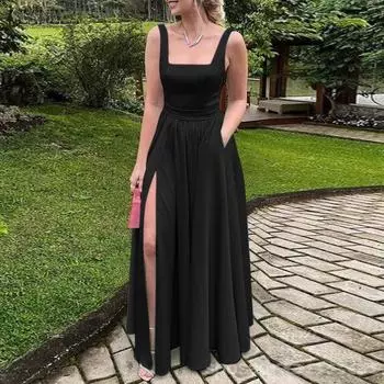 ZANZEA Женские винтажные летние платья с квадратным вырезом и карманами на подтяжках 2XL зелёный