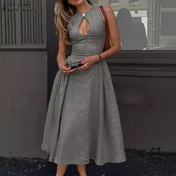 ZANZEA Женские винтажные модные платья с круглым вырезом без рукавов и полой талией 5XL чёрный