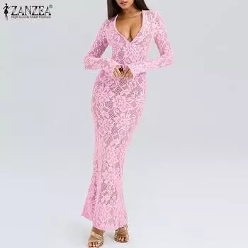 ZANZEA Женские винтажные облегающие кружевные расклешенные платья с длинным рукавом 3XL жёлтый