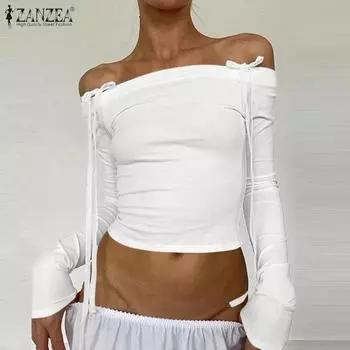 ZANZEA Женские винтажные однотонные футболки с открытыми плечами и длинным рукавом S белый