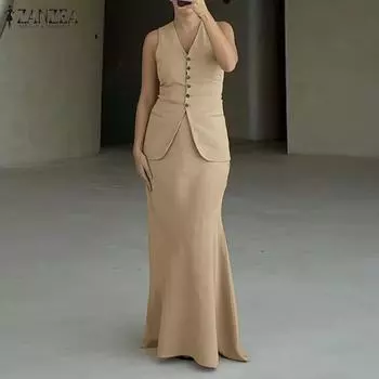 ZANZEA Женские винтажные однотонные комплекты из жилета с V-образным вырезом без рукавов и пуговицами S чёрный