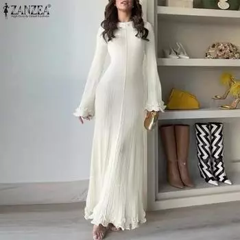 ZANZEA Женские винтажные однотонные платья с круглым вырезом и длинным рукавом L ярко-розовый