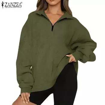 ZANZEA Женские винтажные однотонные пуловеры с длинным рукавом и воротником-стойкой S зелёный