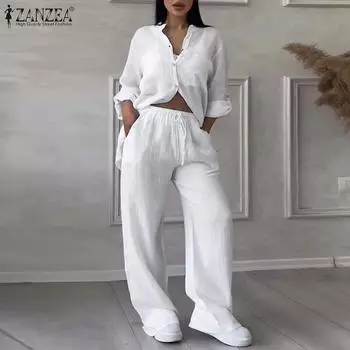 ZANZEA Женские винтажные однотонные рубашки с длинными рукавами и прямыми брюками S белый