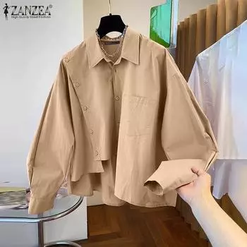 ZANZEA Женские винтажные однотонные рубашки с косой планкой и длинным рукавом S розовый