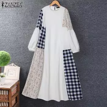 ZANZEA Женские винтажные платья А-силуэта с круглым вырезом и длинным рукавом в клетку с цветочным принтом M чёрный