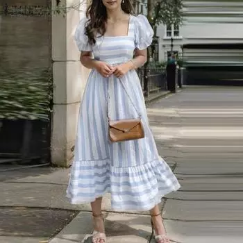 ZANZEA Женские винтажные платья А-силуэта с квадратным вырезом и короткими рукавами, оборками на талии XL синий