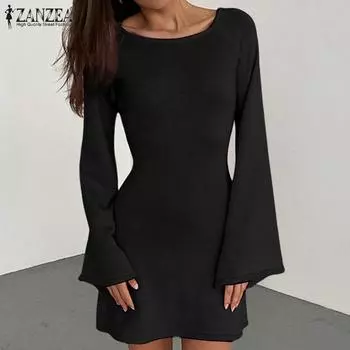 ZANZEA Женские винтажные платья-фонарики с круглым вырезом и длинными рукавами, открытой спиной и трапециевидной формой S чёрный