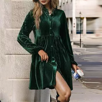 ZANZEA Женские винтажные платья из бархата с воротником-стойкой, длинным рукавом и акцентом на талии 2XL