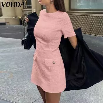 ZANZEA Женские винтажные платья с круглым вырезом и коротким рукавом и карманами L белый