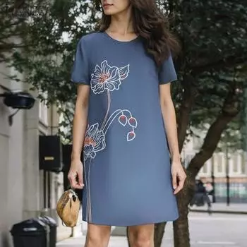 ZANZEA Женские винтажные платья с круглым вырезом и коротким рукавом с цветочным принтом 4XL синий