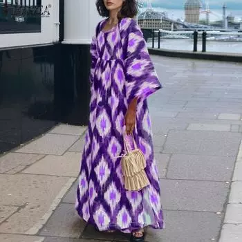 ZANZEA Женские винтажные платья с круглым вырезом и длинным рукавом с принтом «летучая мышь» S зелёный