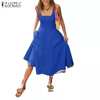 ZANZEA Женские винтажные платья с квадратным вырезом и ремешком на талии 2XL розовый