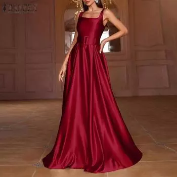 ZANZEA Женские винтажные платья без рукавов с квадратным вырезом и поясом S зелёный