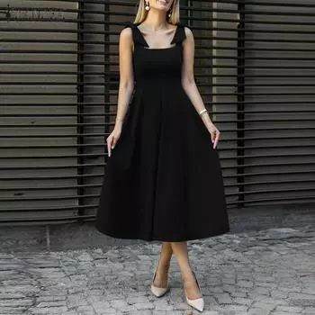 ZANZEA Женские винтажные платья с квадратным вырезом без рукавов и трикотажной талией 2XL синий