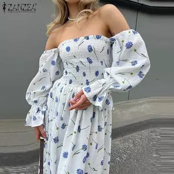 ZANZEA Женские винтажные платья с открытыми плечами и длинным рукавом с цветочным принтом S синий