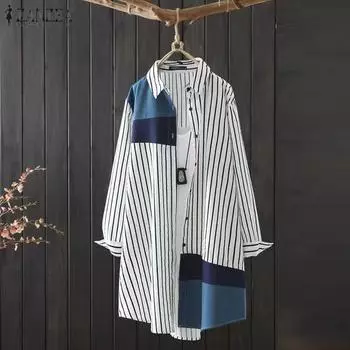 ZANZEA Женские винтажные платья с воротником-стойкой и длинными рукавами в полоску с цветными блоками XL зелёный