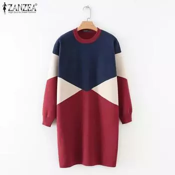 ZANZEA Женские винтажные платья-свитера с круглым вырезом и длинным рукавом контрастного цвета M оранжевый