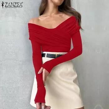 ZANZEA Женские винтажные плиссированные однотонные блузки с длинным рукавом с открытыми плечами L чёрный