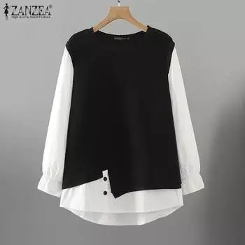 ZANZEA Женские винтажные поддельные двухсекционные цветные толстовки с длинным рукавом и пуловером S чёрный