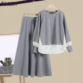 ZANZEA Женские винтажные поддельные комплекты из двух частей с длинным рукавом и брюками с круглым вырезом 3XL серый
