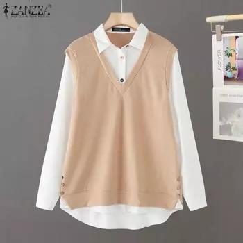 ZANZEA Женские винтажные поддельные рубашки из двух частей с длинным рукавом контрастного цвета M жёлтый