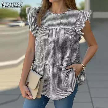 ZANZEA Женские винтажные полосатые блузки с круглым вырезом и коротким рукавом S чёрный