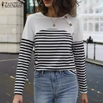 ZANZEA Женские винтажные полосатые футболки с круглым вырезом и длинным рукавом реглан S чёрный