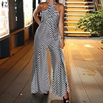 ZANZEA Женские винтажные полосатые комбинезоны без рукавов с открытыми плечами 2XL чёрный