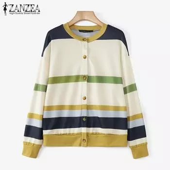 ZANZEA Женские винтажные полосатые свитера с круглым вырезом и открытыми плечами S темно-серого