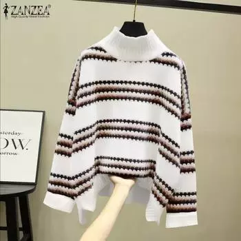 ZANZEA Женские винтажные полосатые свитера с высоким воротом и длинным рукавом S белый