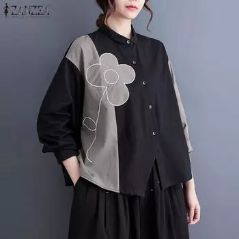 ZANZEA Женские винтажные повседневные рубашки с цветочным принтом и длинным рукавом S чёрный