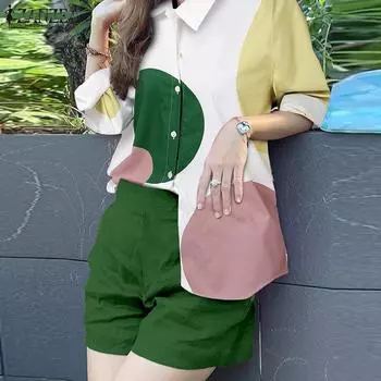 ZANZEA Женские винтажные принтованные комплекты из рубашки с длинным рукавом и шорт S зелёный