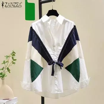 ZANZEA Женские винтажные рубашки с цветными блоками и длинными рукавами 3XL белый