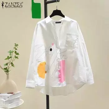 ZANZEA Женские винтажные рубашки с длинным рукавом с принтом кролика 2XL чёрный