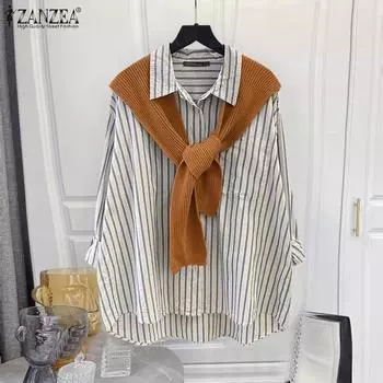 ZANZEA Женские винтажные рубашки с длинным рукавом в полоску и воротником-стойкой S оранжевый