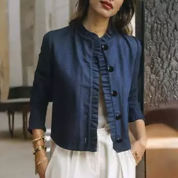 ZANZEA Женские винтажные рубашки с круглым вырезом и длинным рукавом и карманами S темно-синий