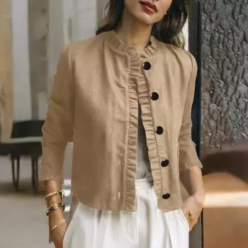 ZANZEA Женские винтажные рубашки с круглым вырезом и длинным рукавом и карманами S хаки