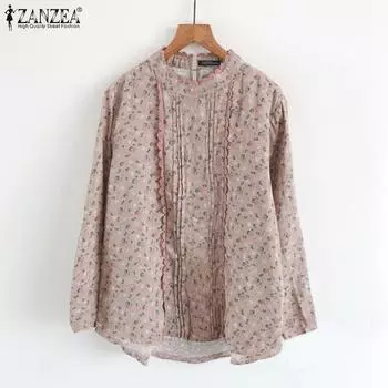 ZANZEA Женские винтажные рубашки с круглым вырезом и длинным рукавом в полоску с кружевом S зелёный