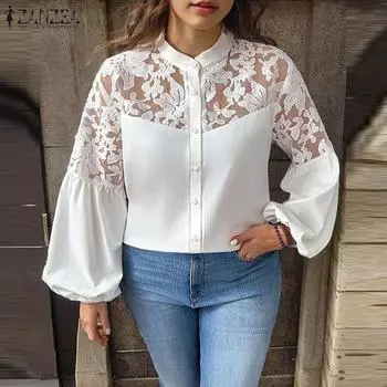 ZANZEA Женские винтажные рубашки с круглым вырезом и длинным рукавом S белый