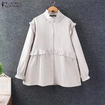 ZANZEA Женские винтажные рубашки с круглым вырезом и длинным рукавом с оборками S белый