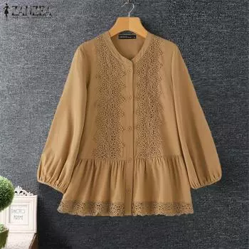 ZANZEA Женские винтажные рубашки с круглым вырезом и длинным рукавом с кружевом S темно-синий