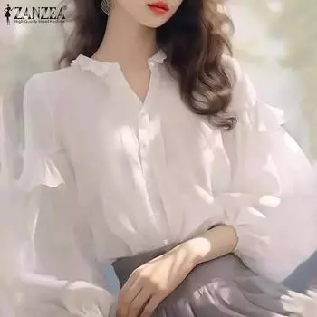 ZANZEA Женские винтажные рубашки с лацканами и оборками-фонариками с длинным рукавом А-силуэта S белый