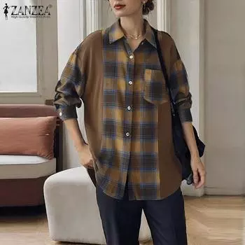 ZANZEA Женская винтажная рубашка с воротником и длинным рукавом в клетку в стиле пэчворк S чёрный
