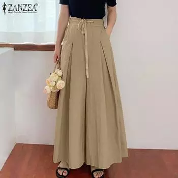 ZANZEA женские винтажные широкие брюки со складками и эластичной резинкой на талии, повседневные свободные брюки S чёрный