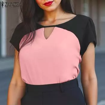 ZANZEA Женские винтажные свободные блузки с круглым вырезом и коротким рукавом S розовый
